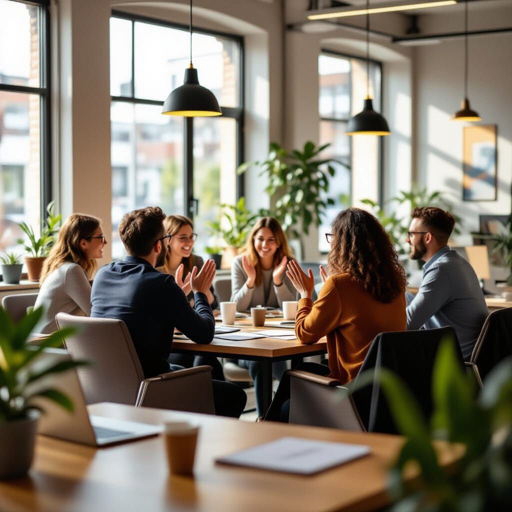 Teamwork in Warm Office Light: Celebrating Success