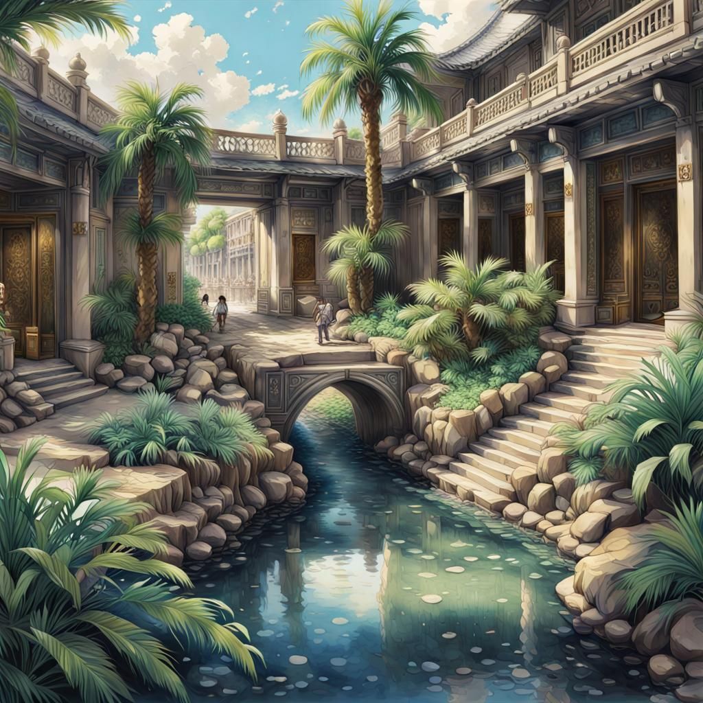 Hyperrealistic Desert Oasis in Anime Gouache Style