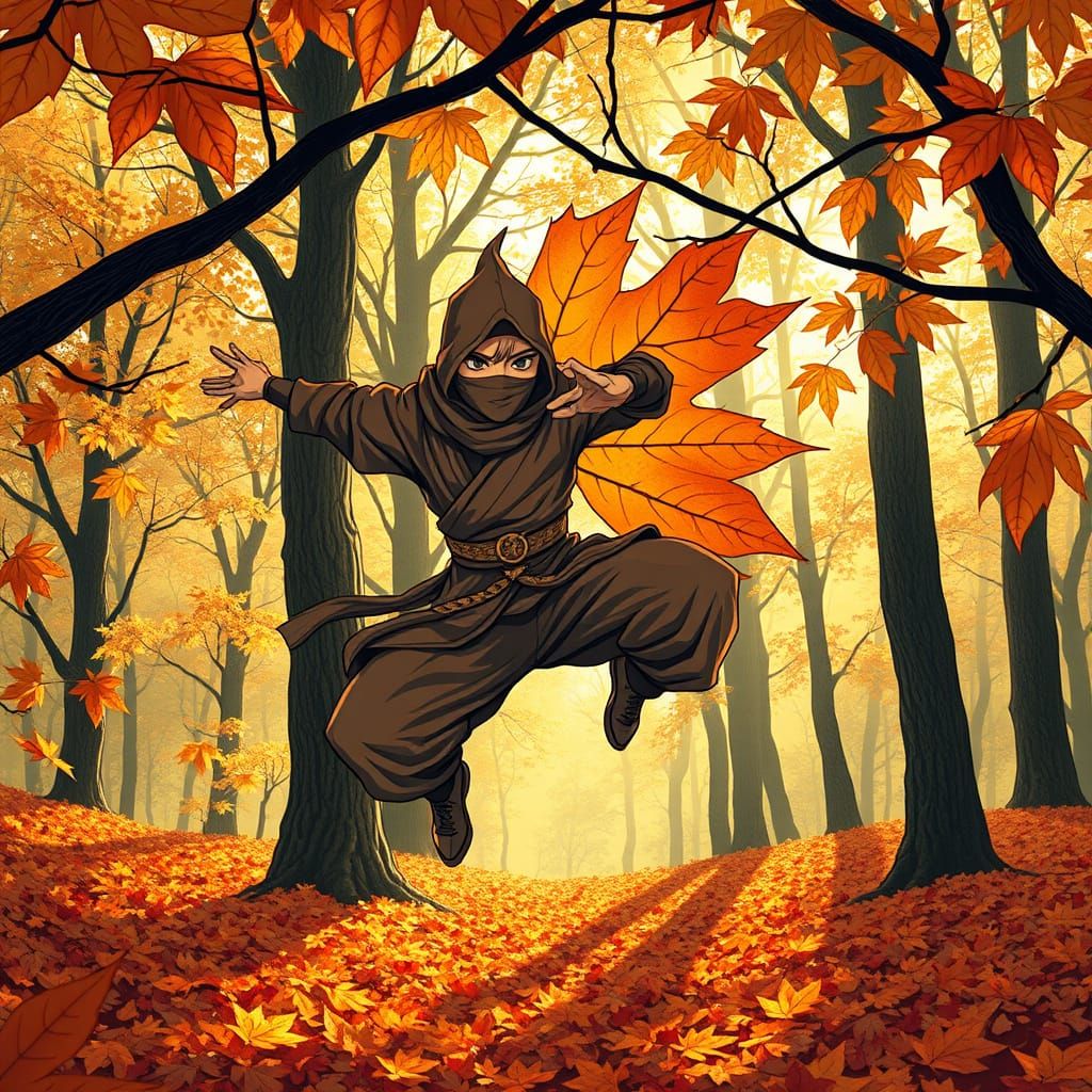 Ninja Maple Leaf Leaps in Art Nouveau Style