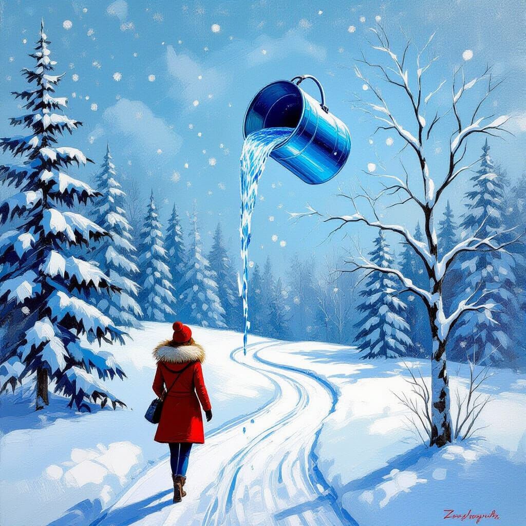 Woman Walks Snowy Path Under Surreal Blue Bucket