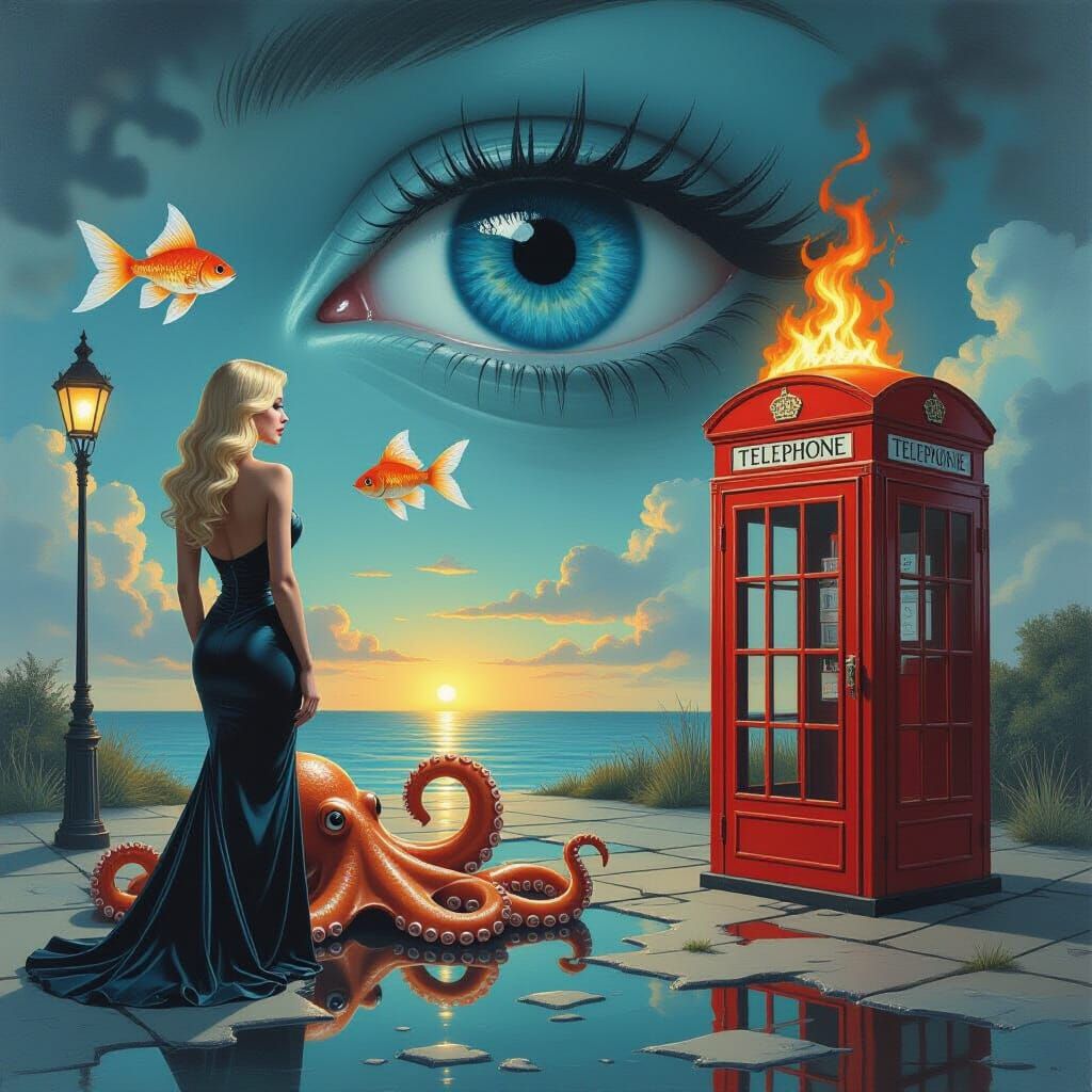 Surrealist Painting of Woman, Octopus, and Melting Phone Boo...