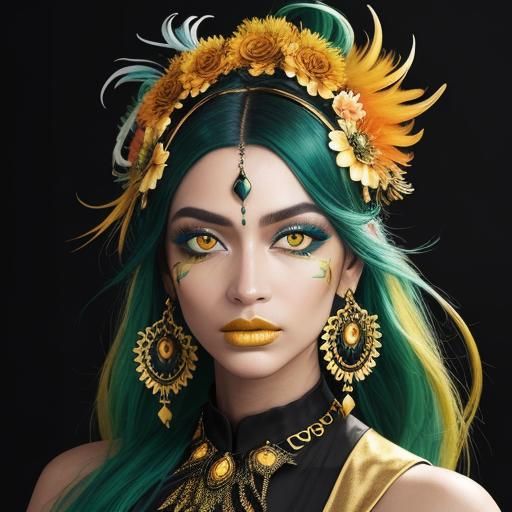 Abstract Expressionism: Woman with Gold Skin and Peacock Fea...