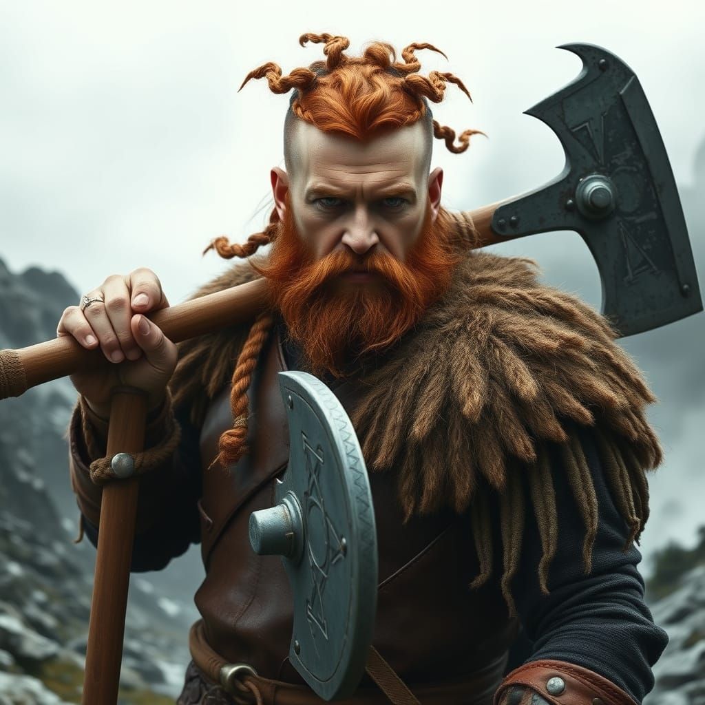 Viking Warrior in M-Shaped Beard and Braids, Wielding Battle...
