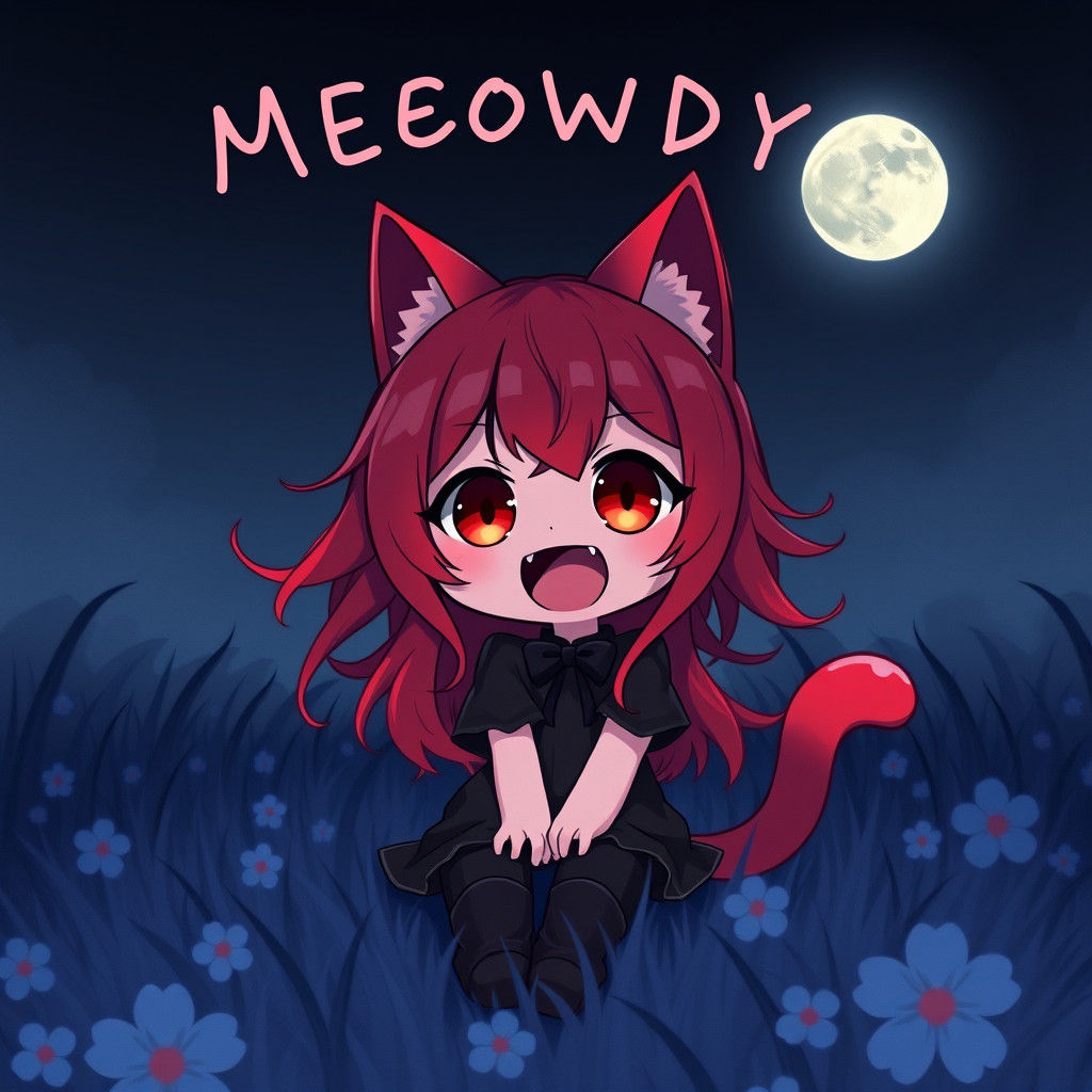 Anime Catgirl with Scarlet Hair Under Moonlight