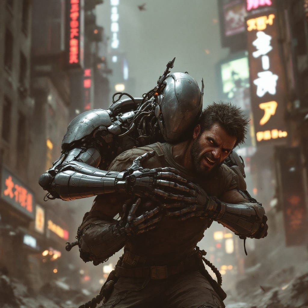 Cyborg Oppressor in Dystopian Metropolis