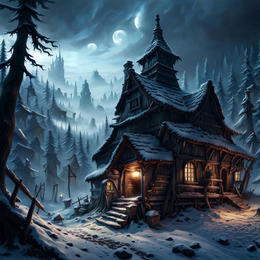 Haunted Village in Ancient Forest: Dramatic Digital Painting