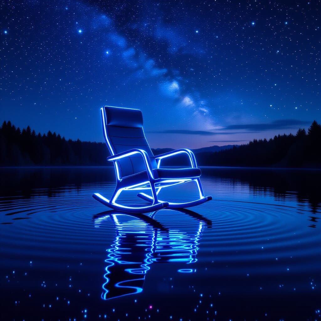 Futuristic Rocking Chair Levitating Over a Glass Lake