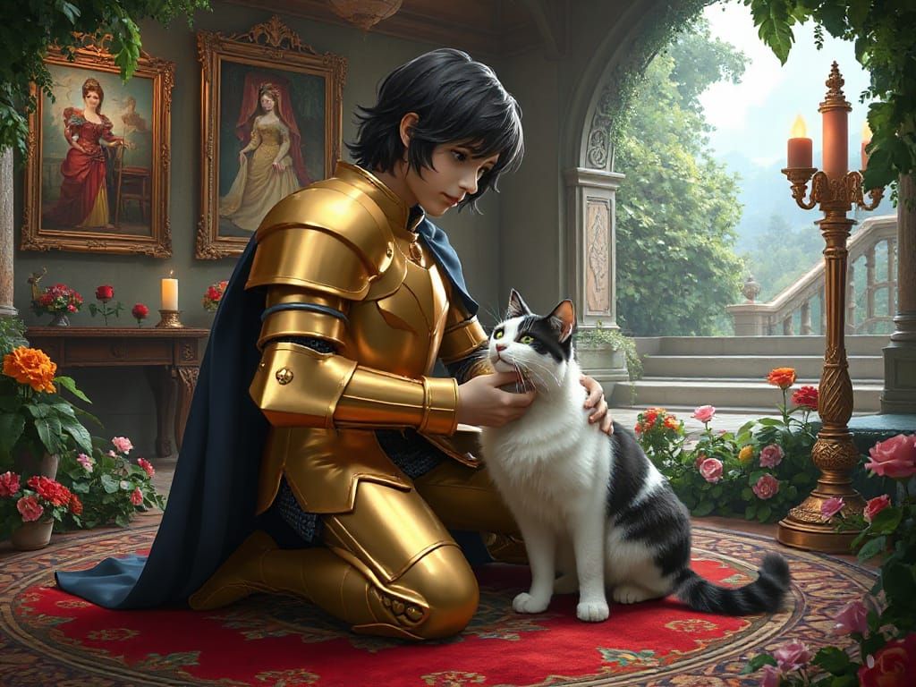 Knight Petting Cat in Mystical Garden