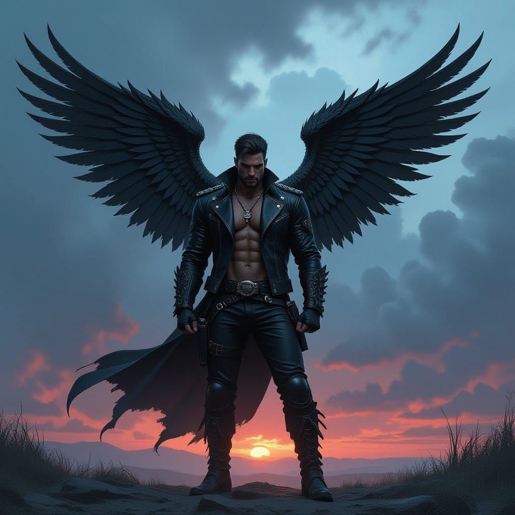 Leather Biker with Black Leather Wings in Stormy Sky