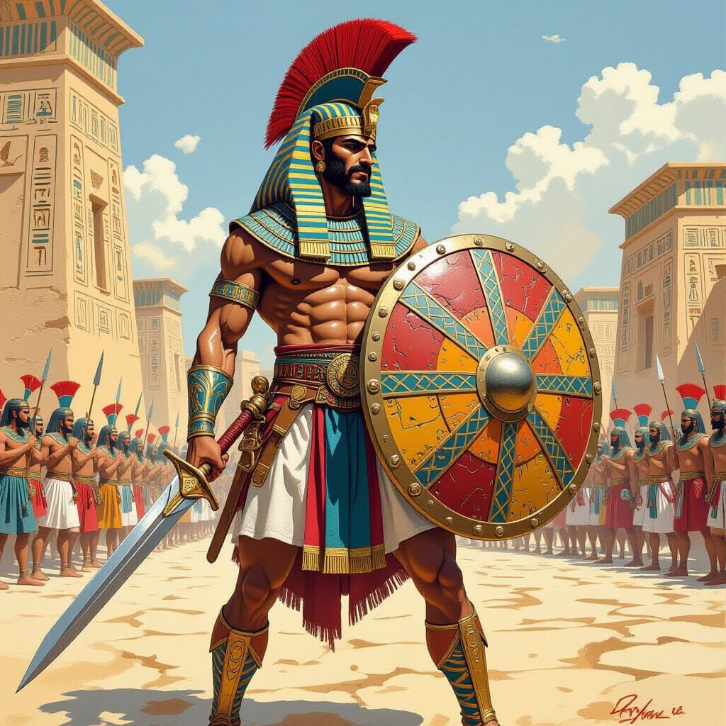 Egyptian Elite Warrior with Kopesh Sword, Gouache Watercolor