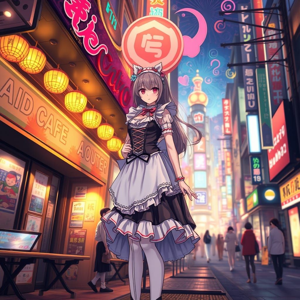 Cyberpunk Maid Cafe Masterpiece in Vibrant Tokyo Style