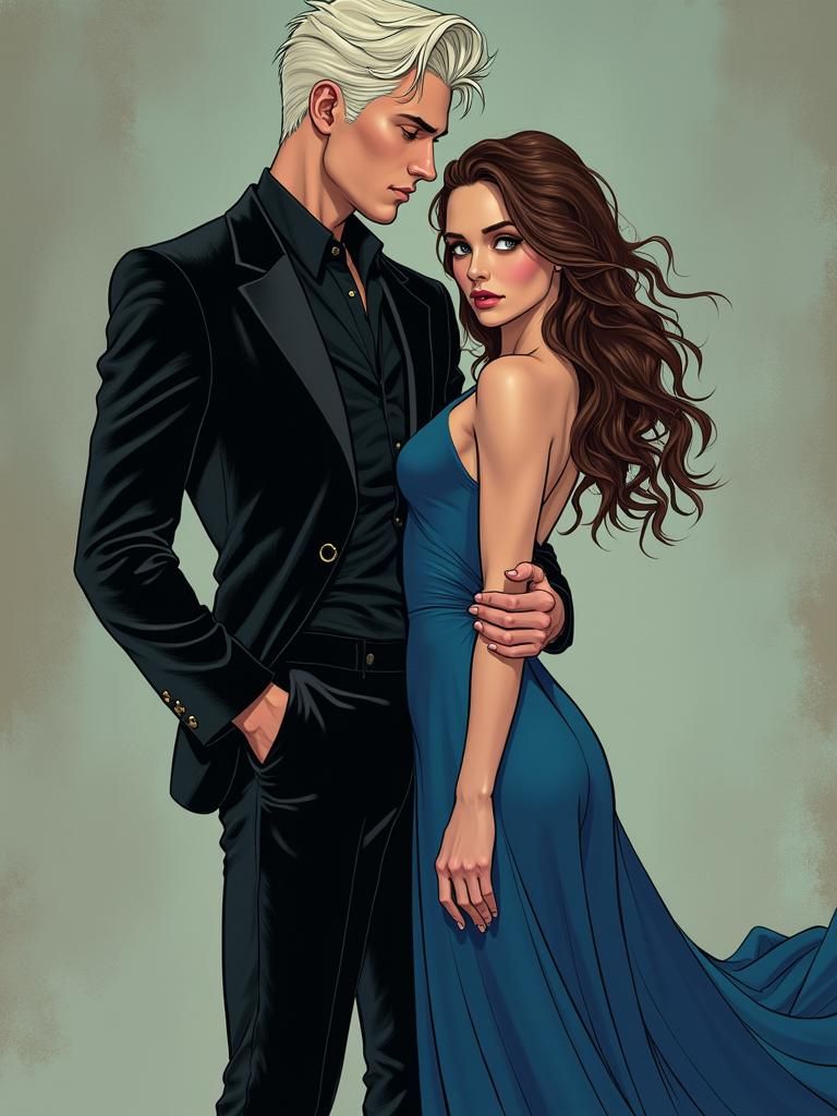 Adult Draco Malfoy, mid 20's, White blonde ruffled hair, silver eyes, smooth body, handsome, chisseled features, perfect...