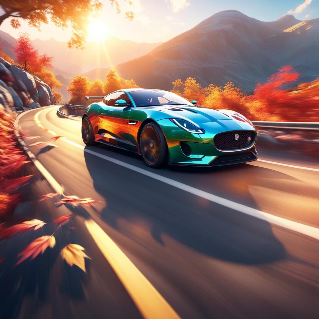 A sleek 3D whimsical jaguar racing car speeding down a windi...