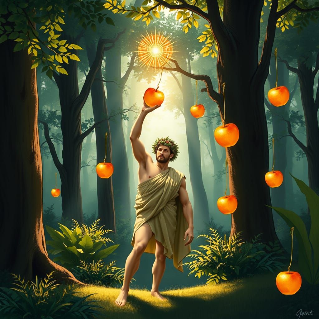 Hercules Surrounded by Golden Apples in a Sunlit Woodland Sc...