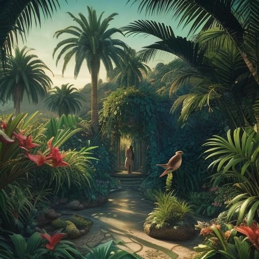 The garden of Eden in paradise  with beautiful birds