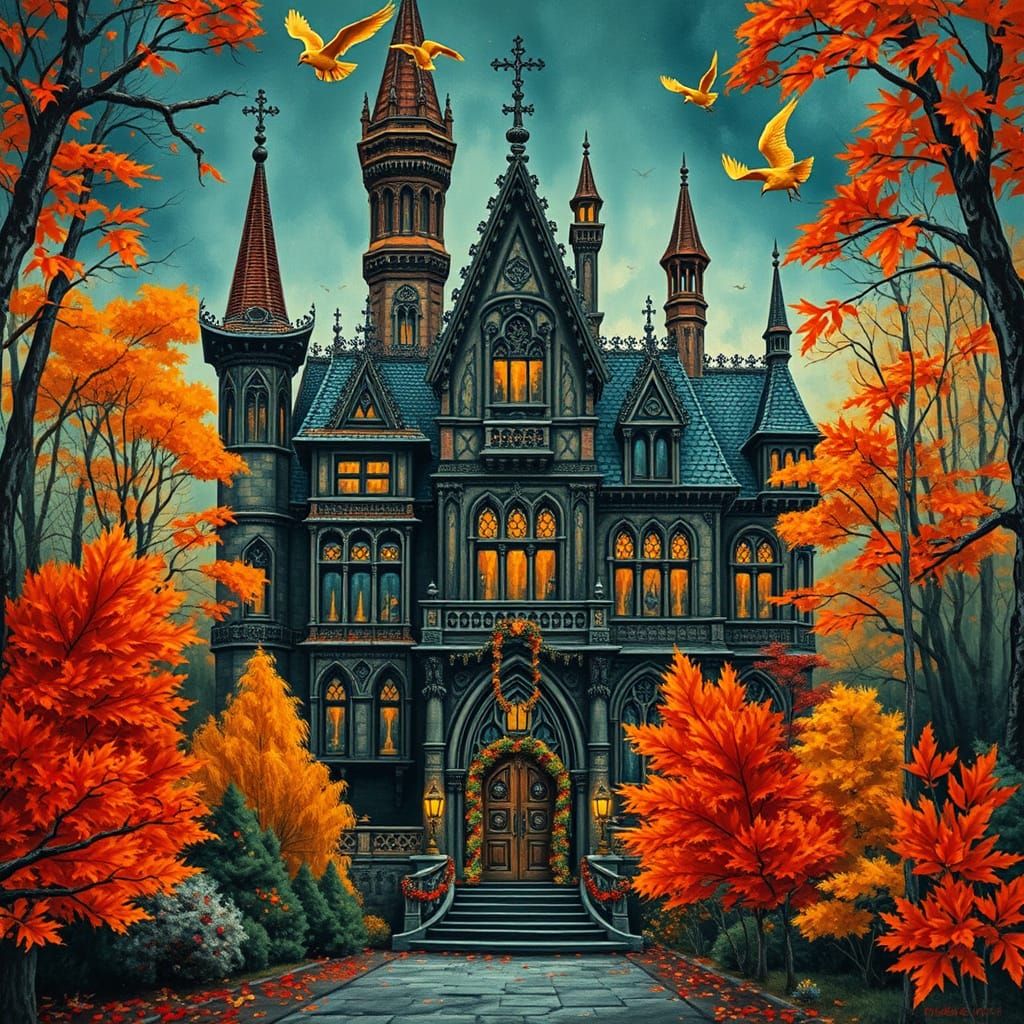 Gothic Mansion Amidst Vibrant Autumnal Forest