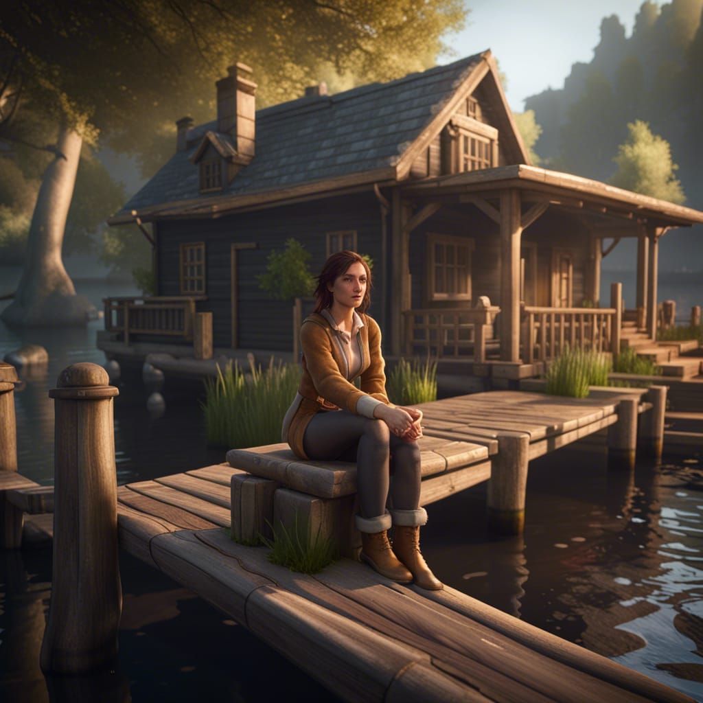 Riverside Cottage with Woman: 3D Game Cinematic Scene