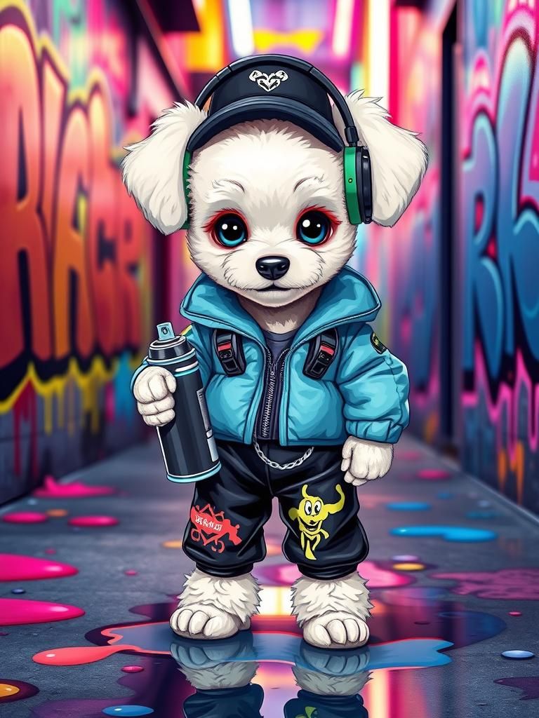 Poodle Puppy Graffiti Artist in Neon Urban Alley