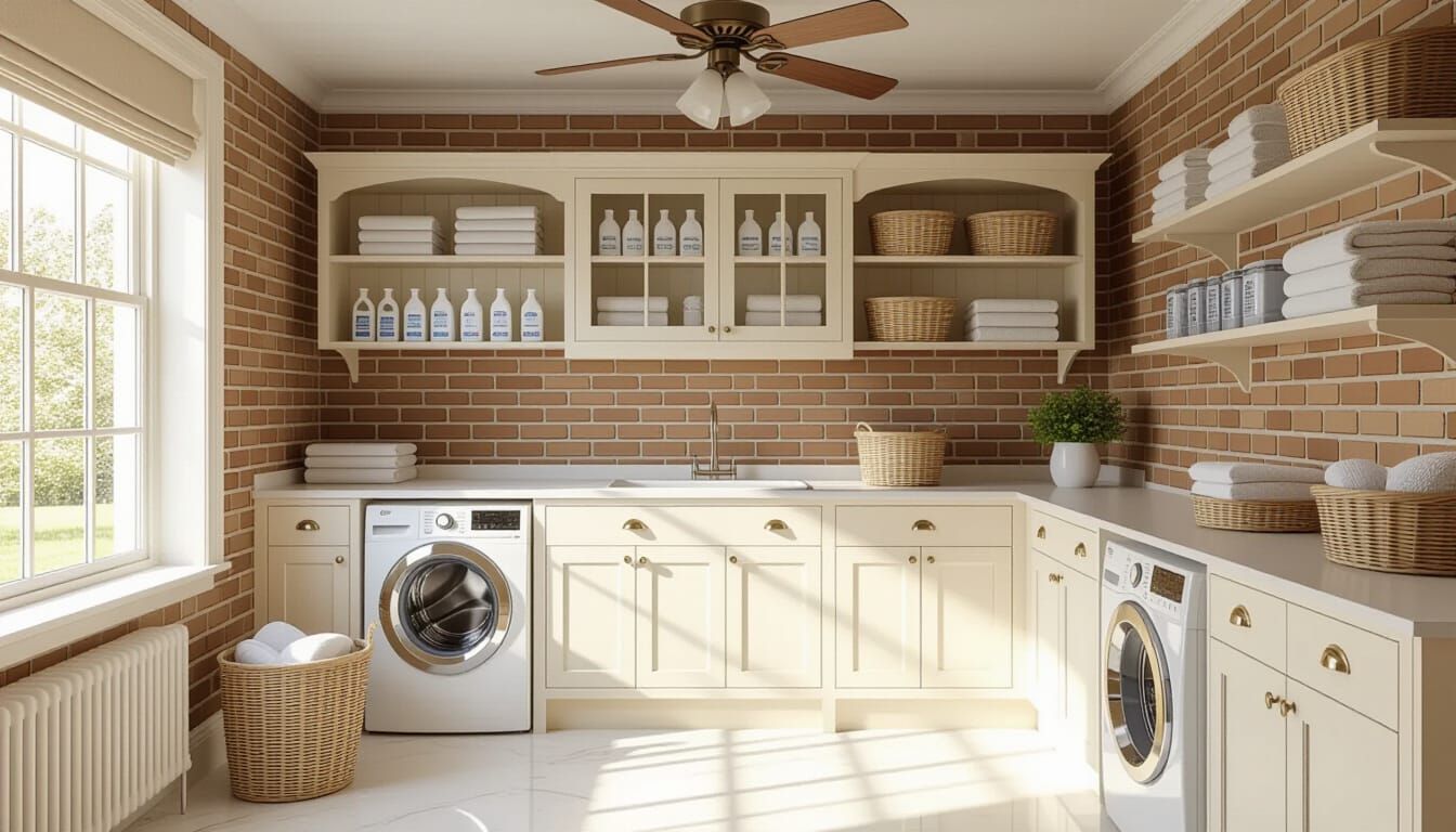 Victorian Laundry Room with Glass Wall and Ambient Light