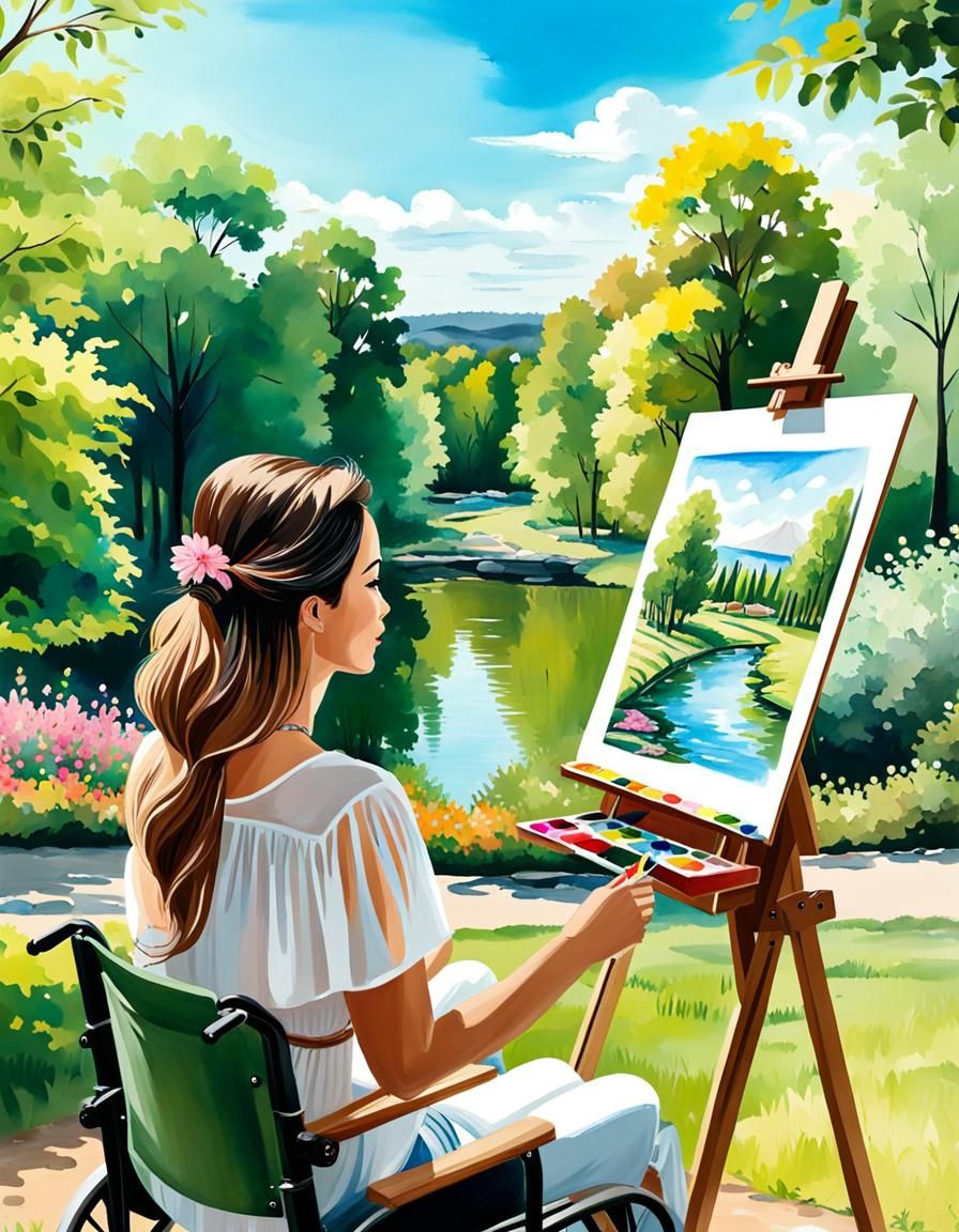 Woman in Wheelchair Drawing Park Landscape