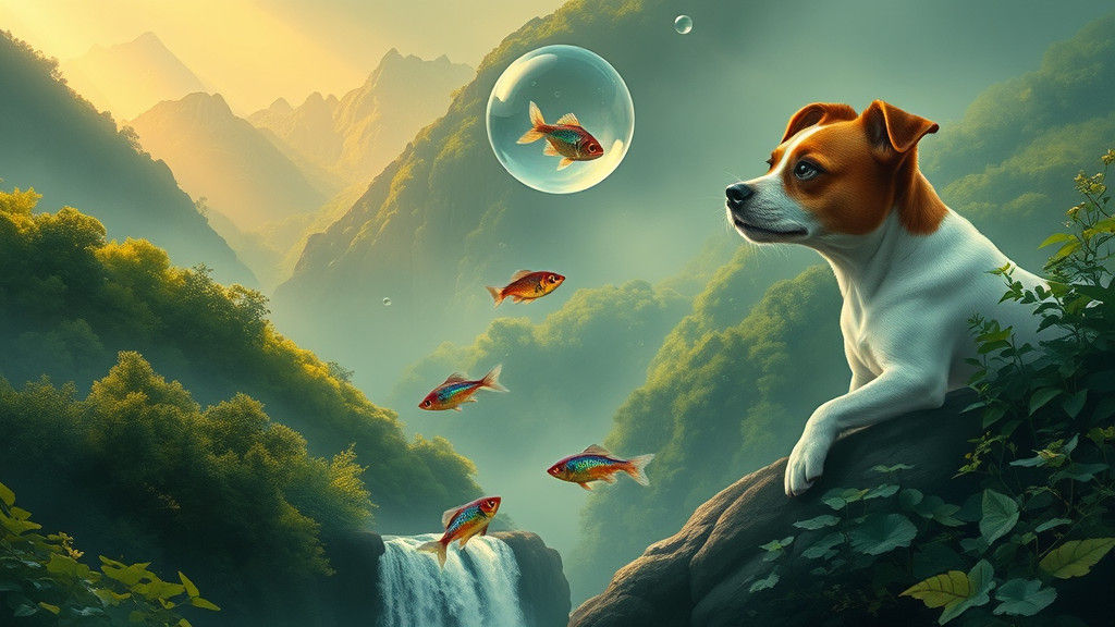 Emerald Mountains and Waterfall with Leaping Fish