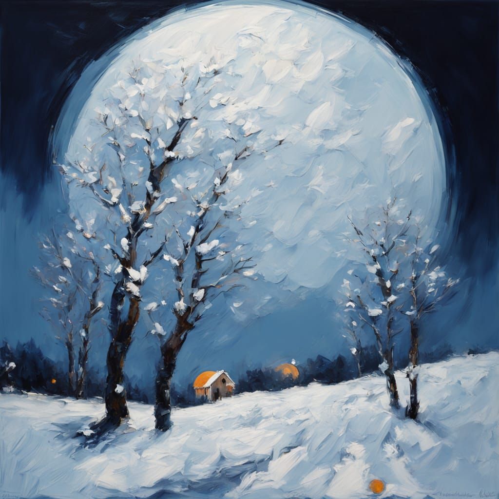 Neo-Impressionist Snowy Landscape Under Full Moon