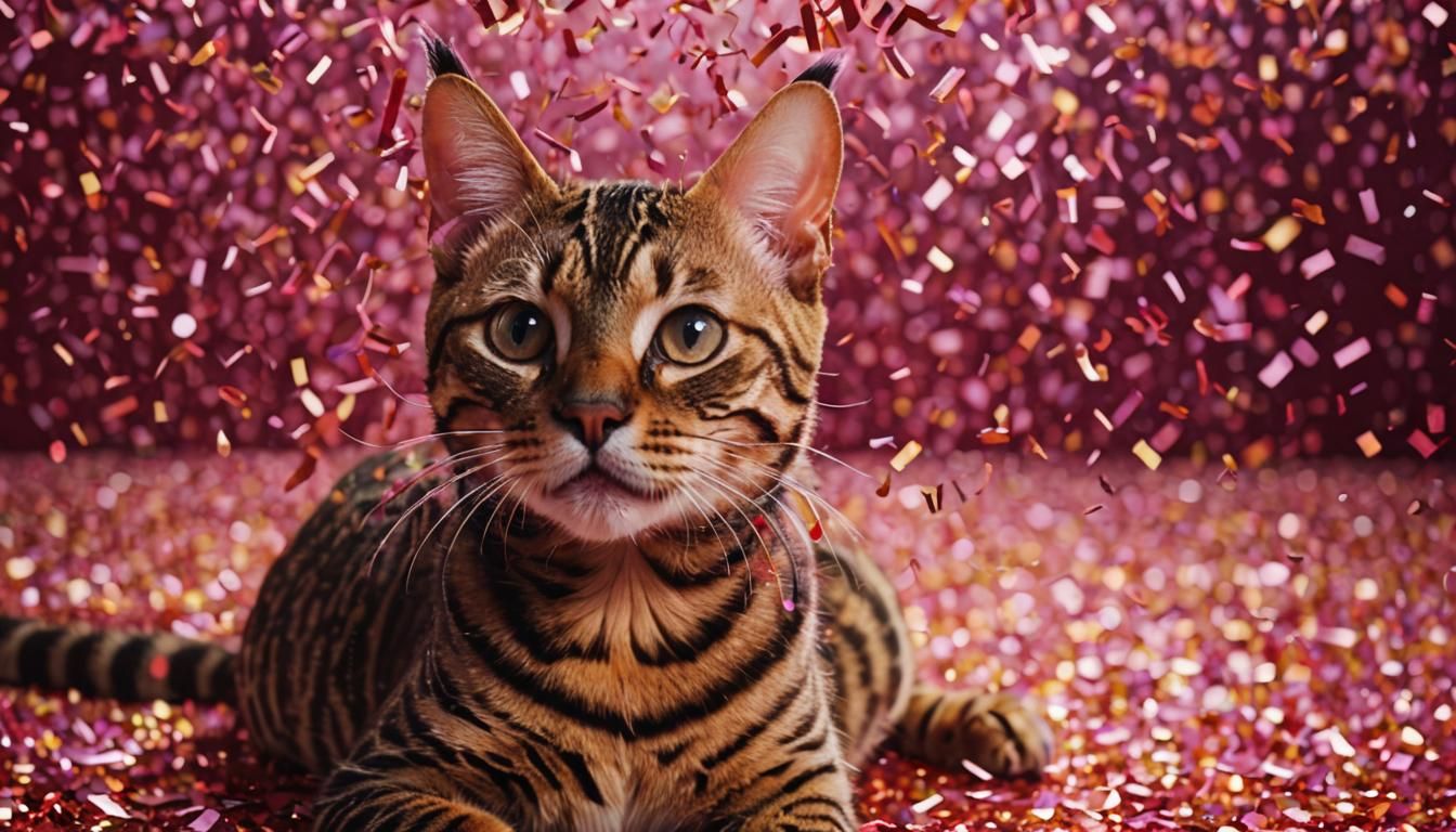 Bengal Cat in Confetti Cascade, Cinematic Film Still