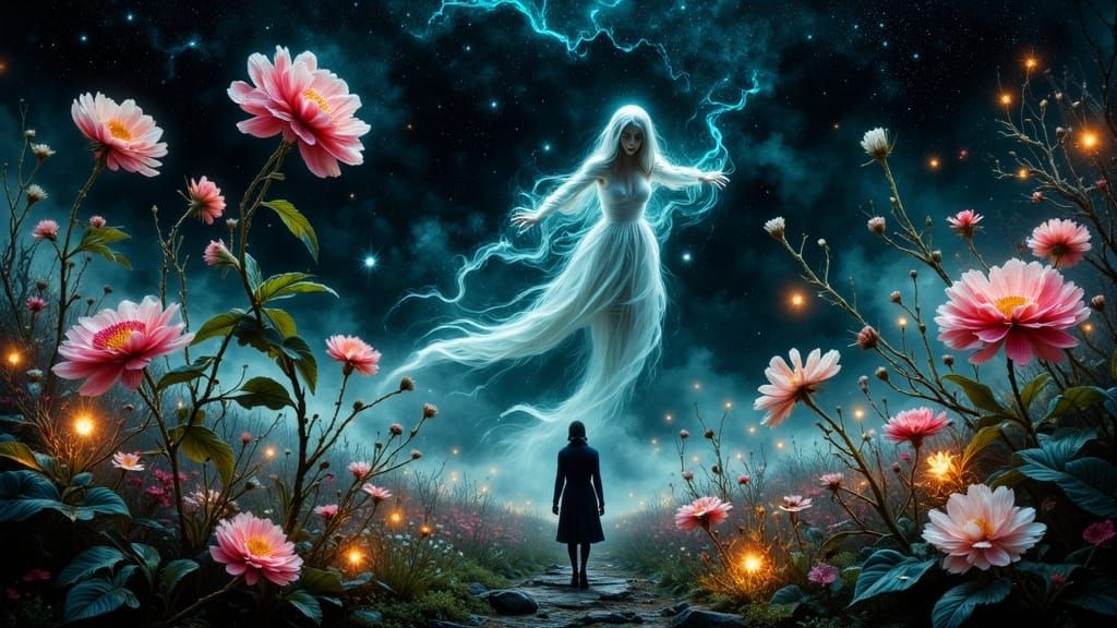 Ethereal Ghost in Surreal Twilight Garden