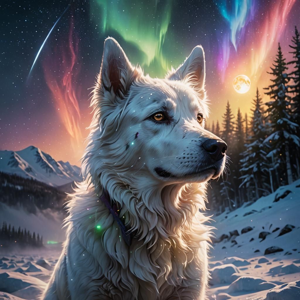 White Dog Under Iridescent Moon and Northern Lights