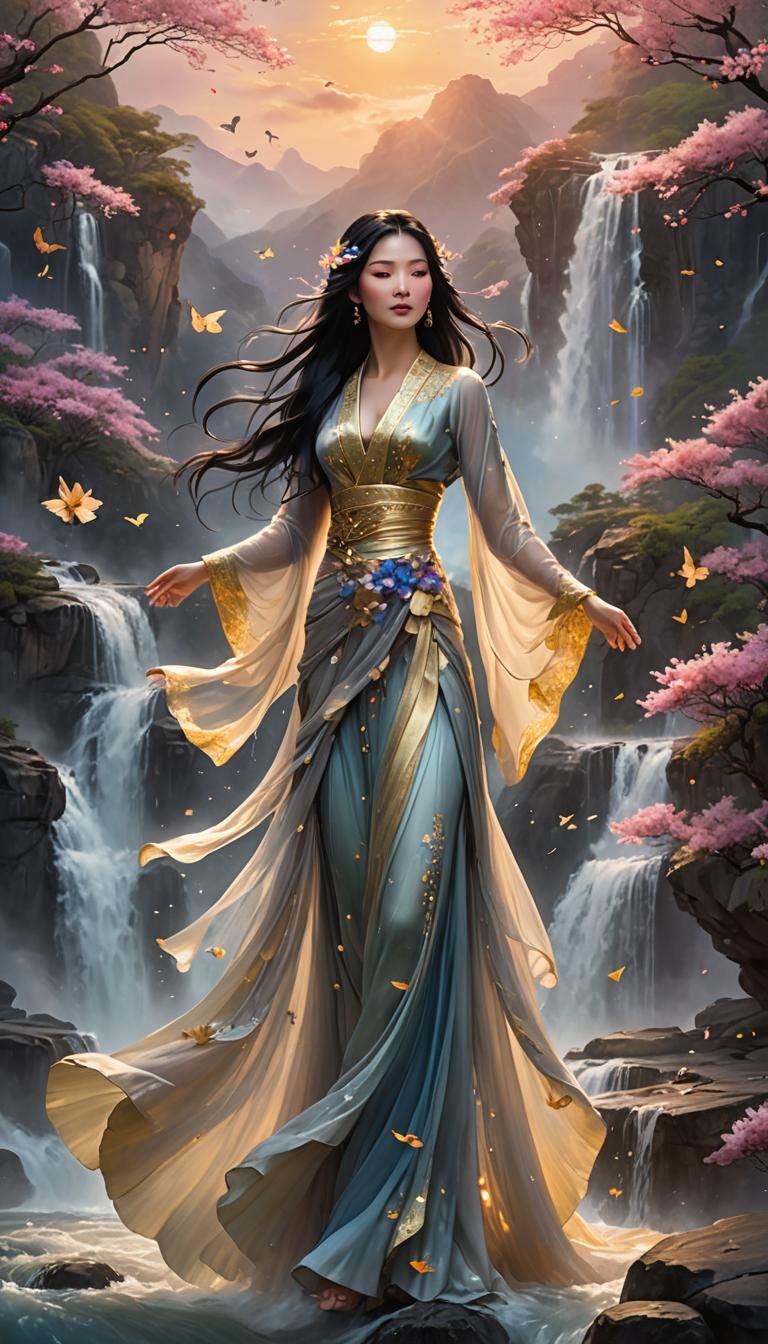 Ethereal Asian Woman at Waterfall in Dreamscape Art
