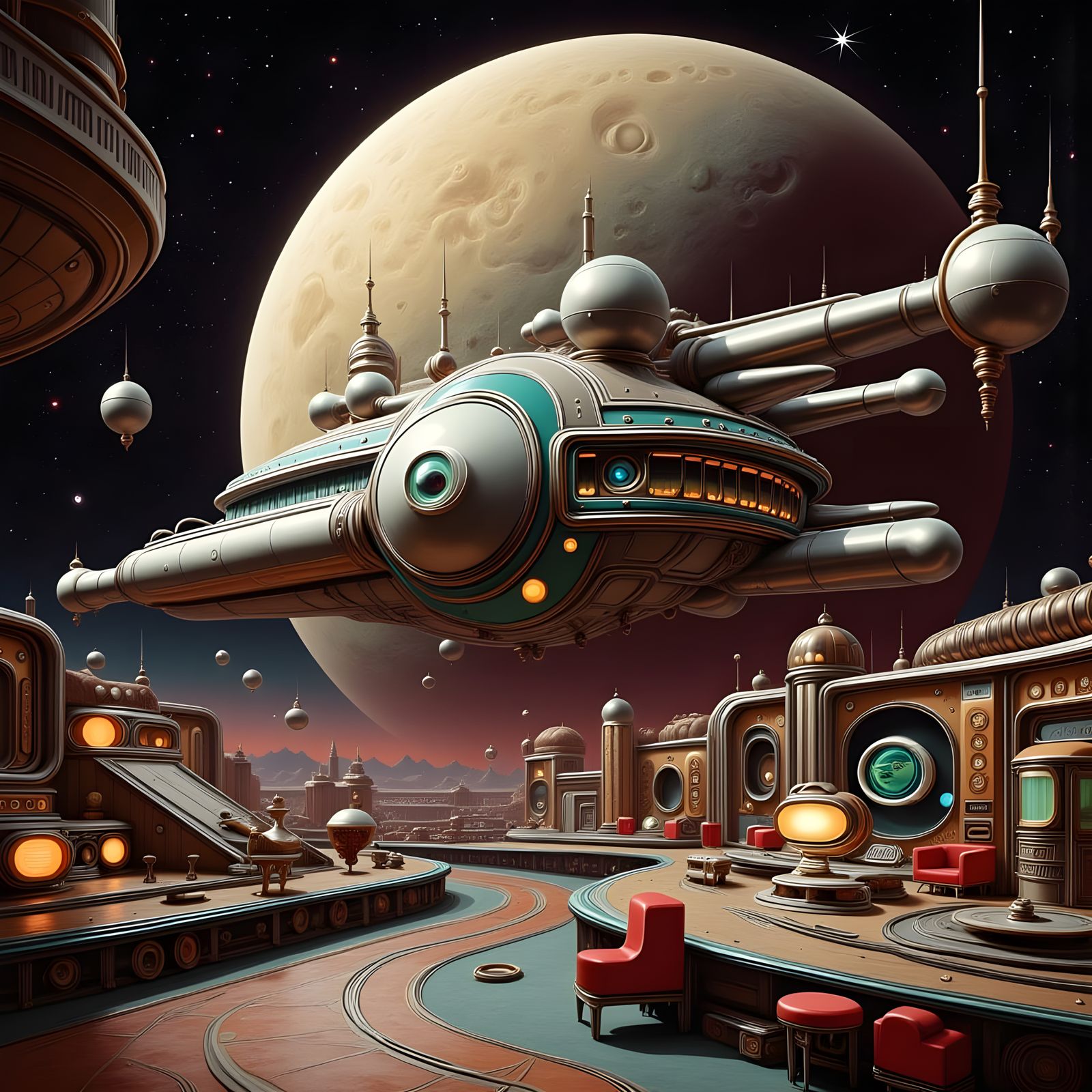 Retro Sci-Fi Space Station with a Luminous Moon