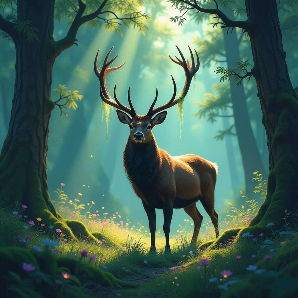 Majestic Stag With Glowing Antlers in Ethereal Forest Cleari...