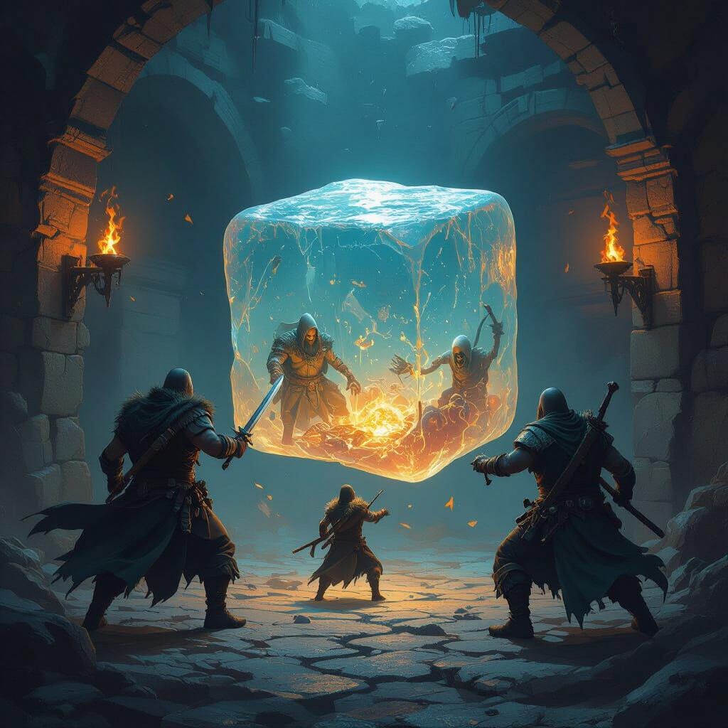 D&D Adventurers Battle Gelatinous Cube in Dark Dungeon