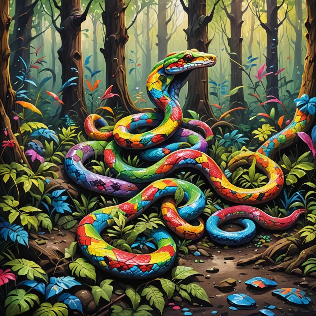 Rainbow Snake in Forest: Graffiti Splash Art
