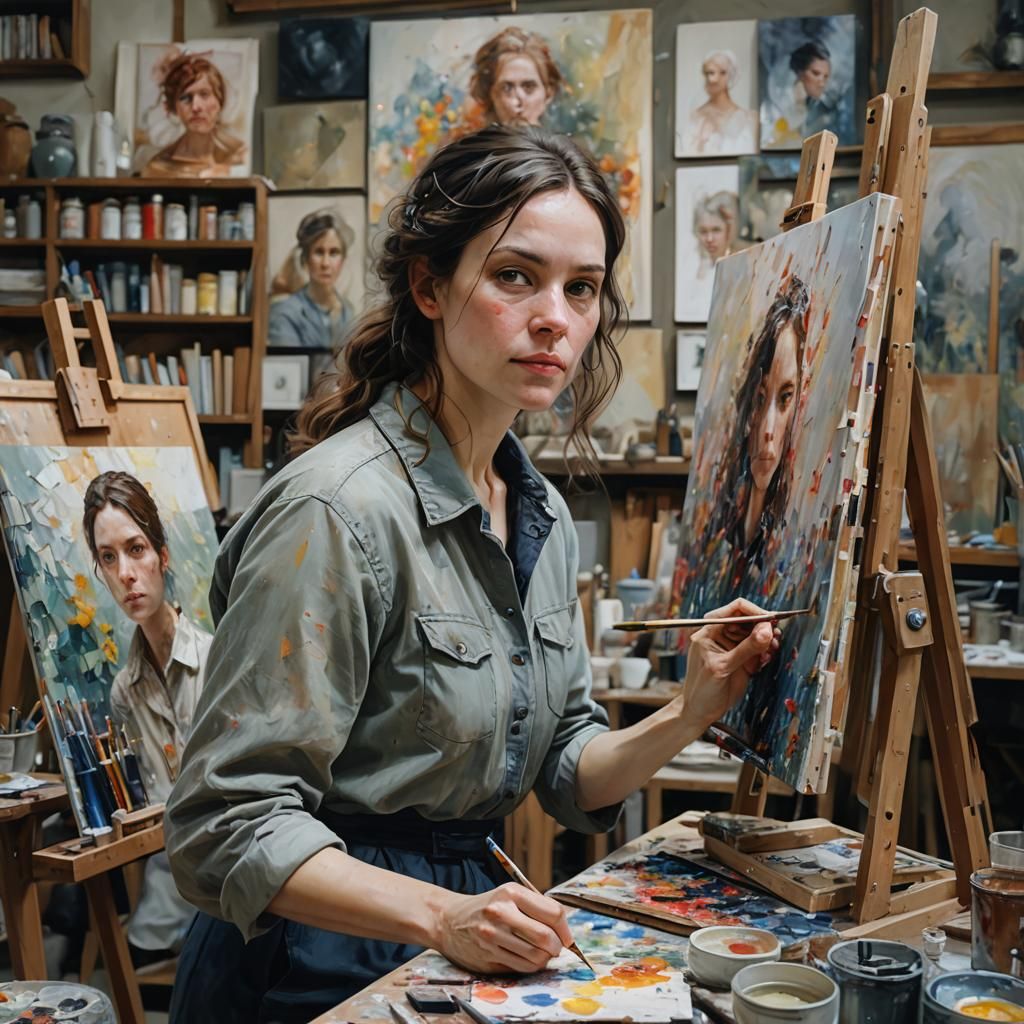 Painter in Atelier: Mixed Media Concept Art