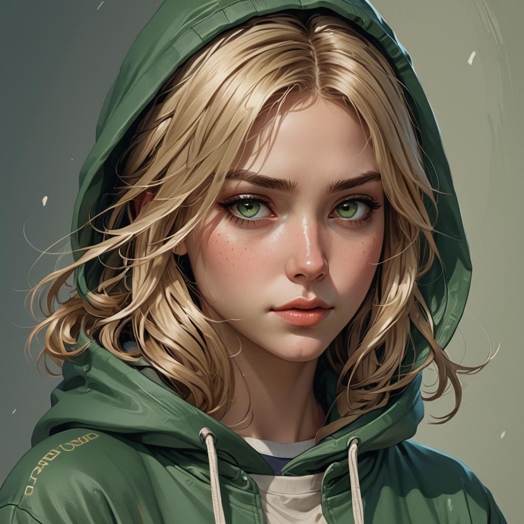 Cute Girl in Anime Hoodie: Digital Portrait