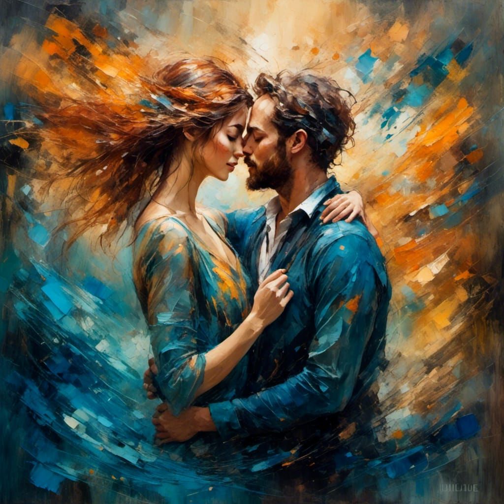 Romantic Couple Embracing in Surrealist Oil Painting