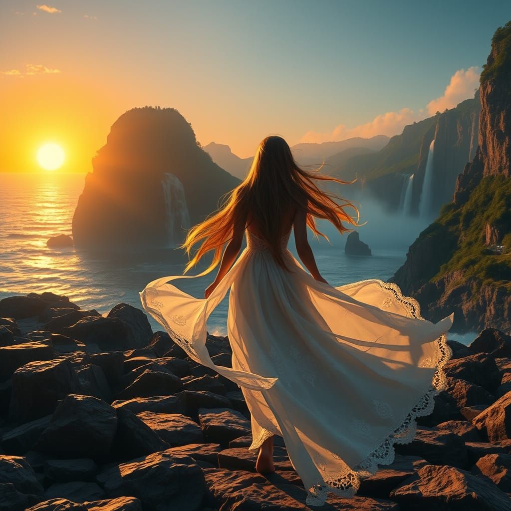 Young Woman Walking Towards Sunrise in a Vibrant, Unreal Eng...