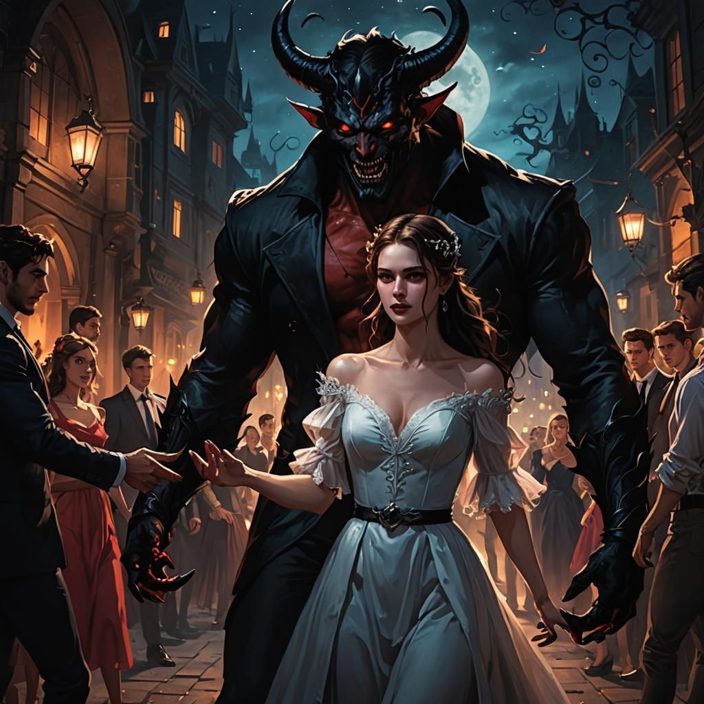 Woman Escorted by Demon Under Night Sky