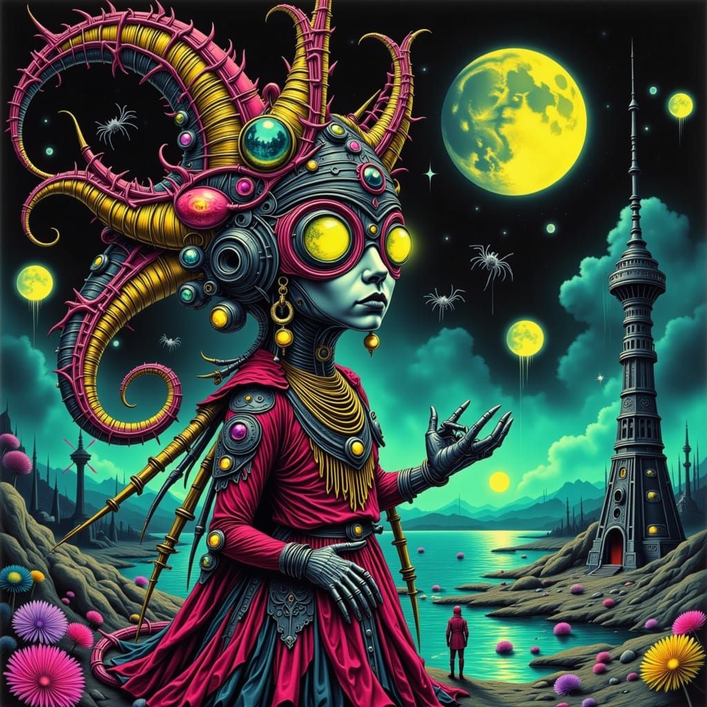 Cosmic Goddess with Neon Metropolis on Head