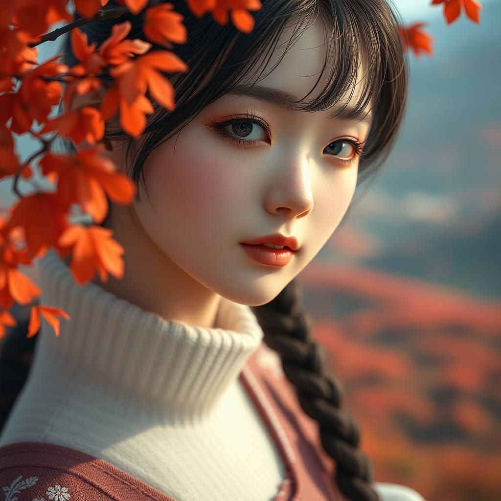 Korean Girl Portrait in Autumn Valley: 3D Anime Art