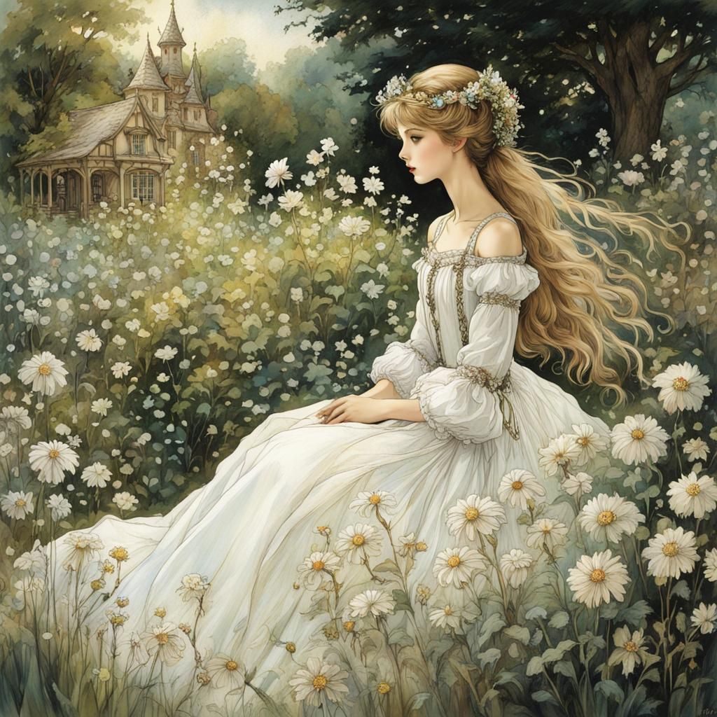 Girl in Summer Garden, Arthur Rackham Anime Style