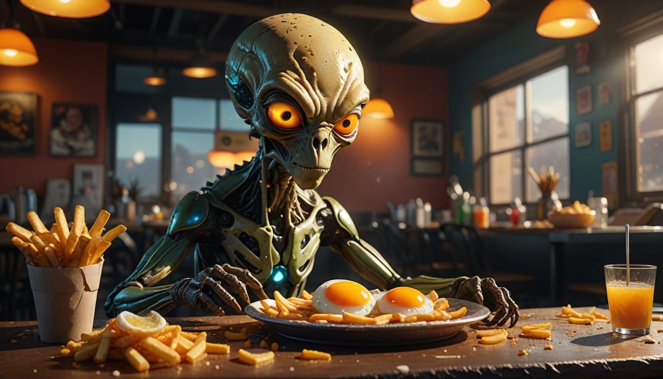 Bewildered Alien Enjoying Fried Eggs: Hyperrealistic Concept...