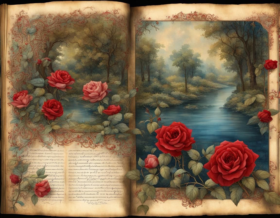 Illuminated Journal Page with Roses and River