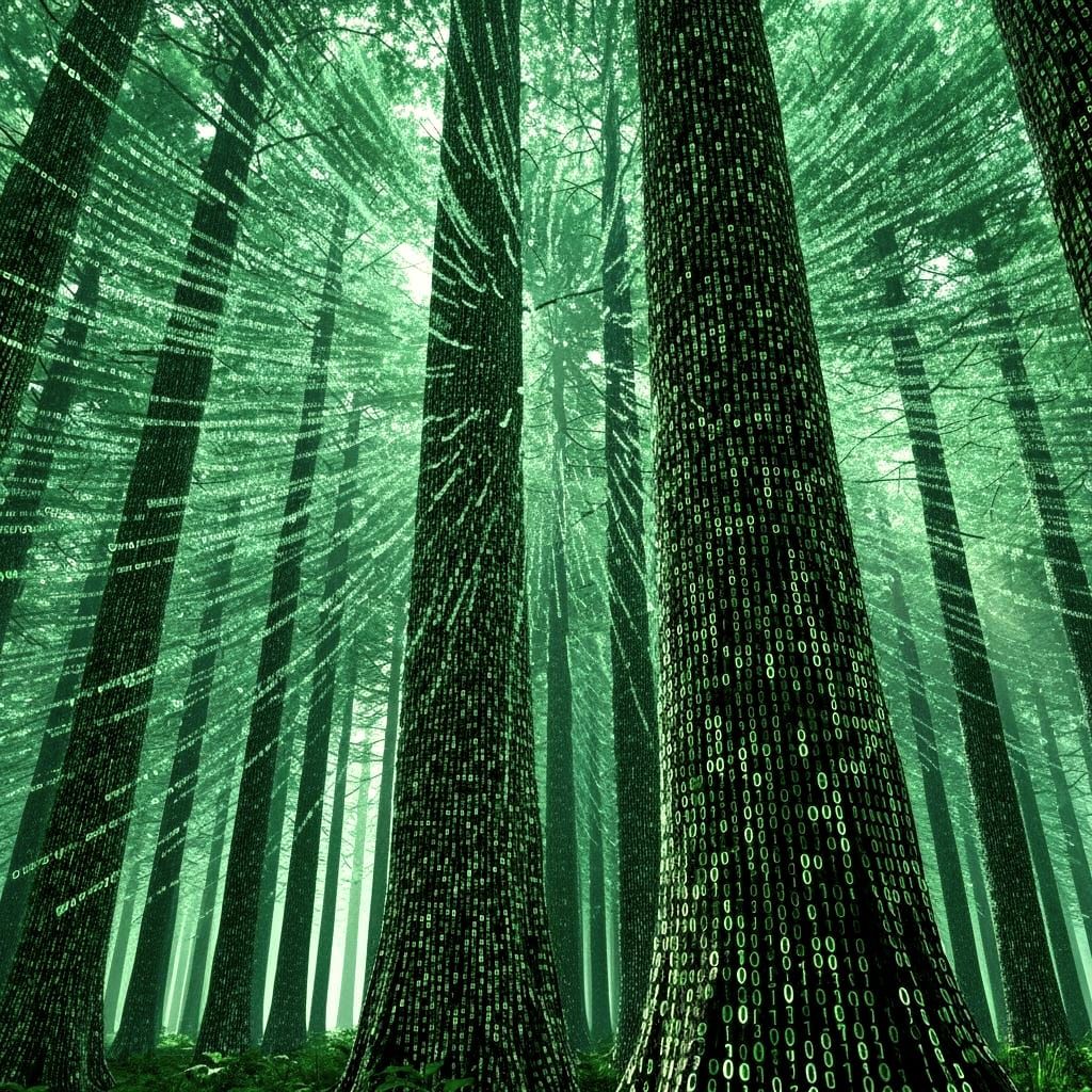 Digital Forest of Glowing Binary Code