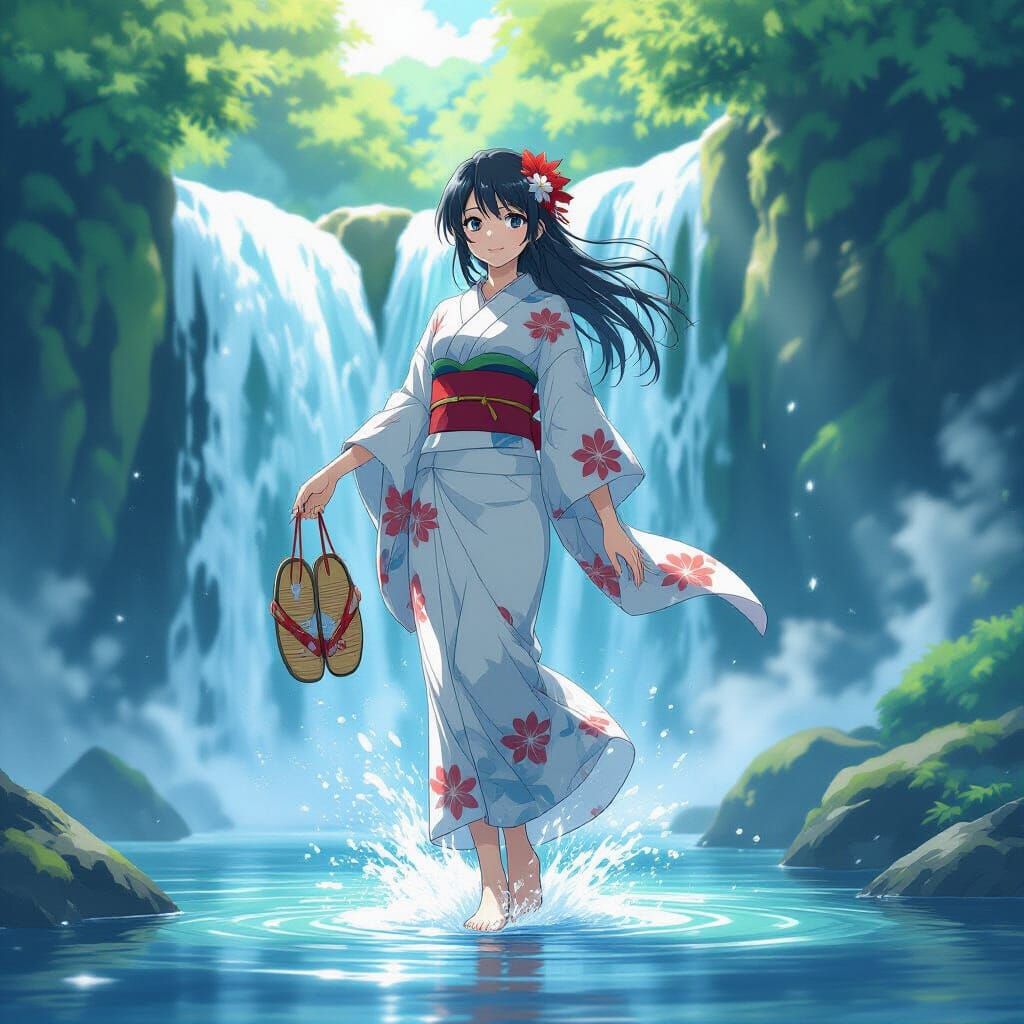 Ethereal Waterfall Anime Girl in Angel Beats! Style