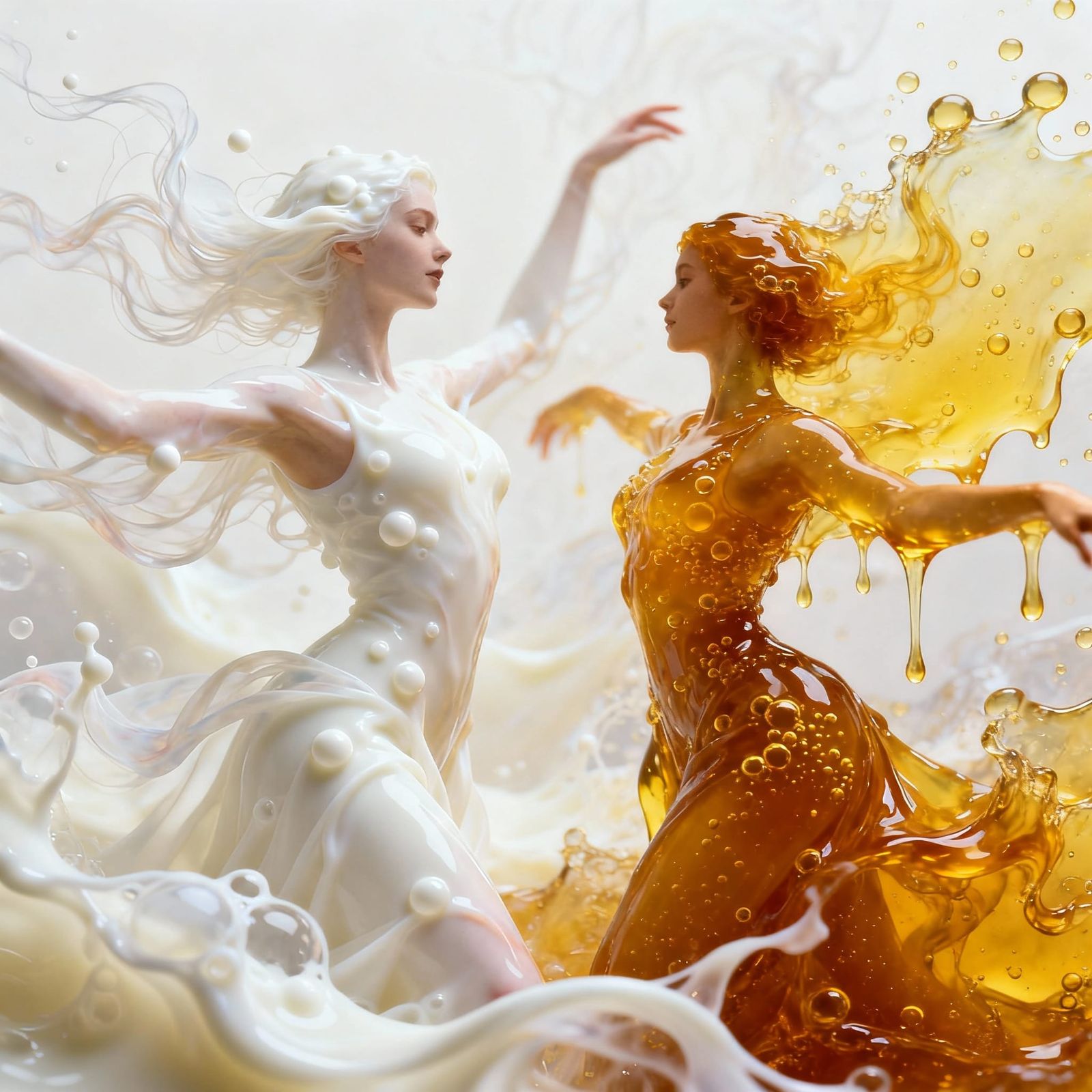 Milk and Honey Dancers in Surreal Liquid Art Style