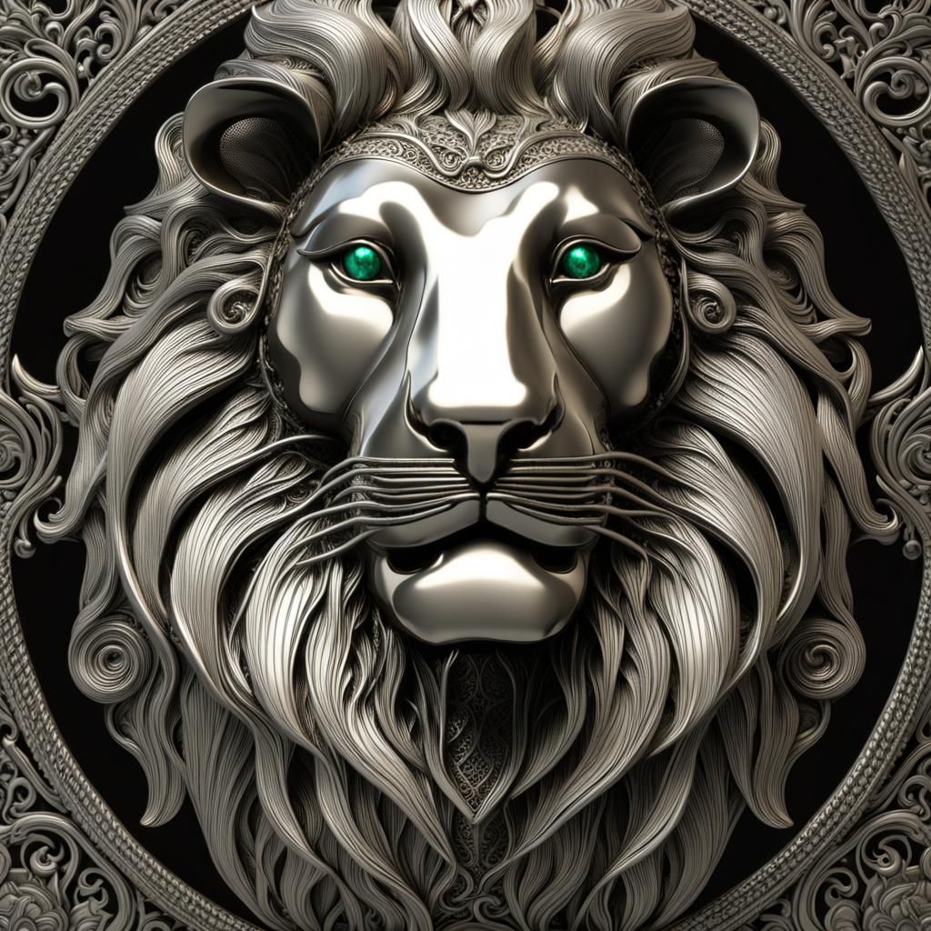 Intricate 3D Silver Lion Statue with Emerald Eyes