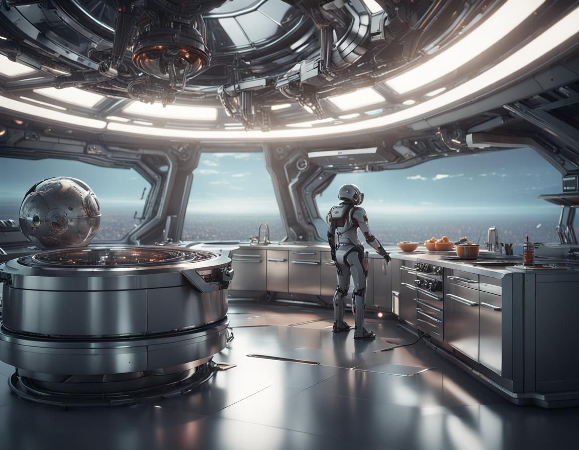 Futuristic Spaceship Kitchen with Earth View