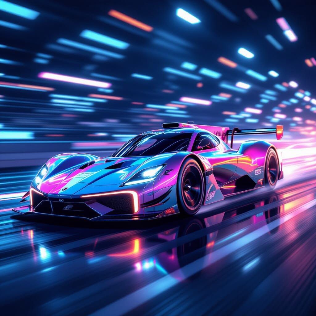Futuristic Race Car Speeds on Track with Metallic Sheen